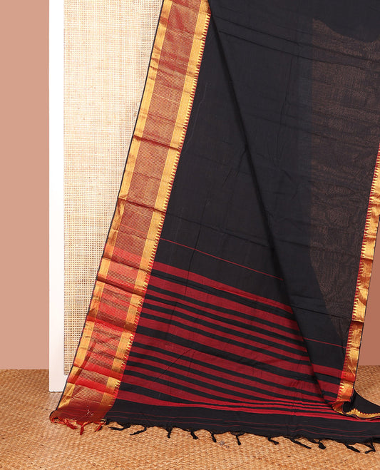Black Plain Narayanpet Cotton Saree, Complemented by a Contrast Temple Traditional Zari Border, Subtly Striped Pallu, and Paired with a Matching Blouse