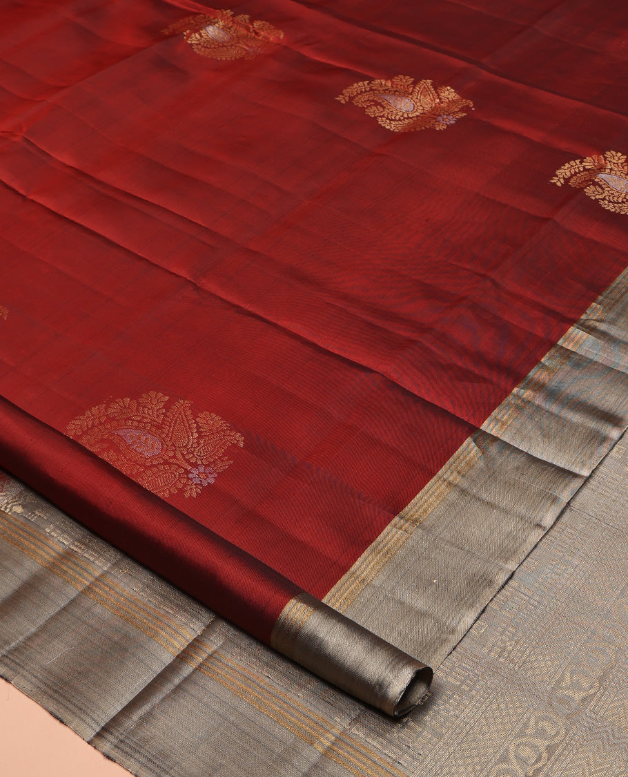 Red Mayuri Lite Silk Mix Saree, Beautified with Zari Buttas All Over Its Body, Complemented by a Contrast Border, Sparsely Woven Pallu, and Paired with a Contrast Blouse
