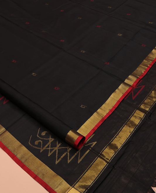 Black Uppada Silk Saree, Adorned with Buttas All Over Its Body, Complemented by a Contrast Bavanji Border, Pallu of Unique Designs, and Paired with a Matching Blouse