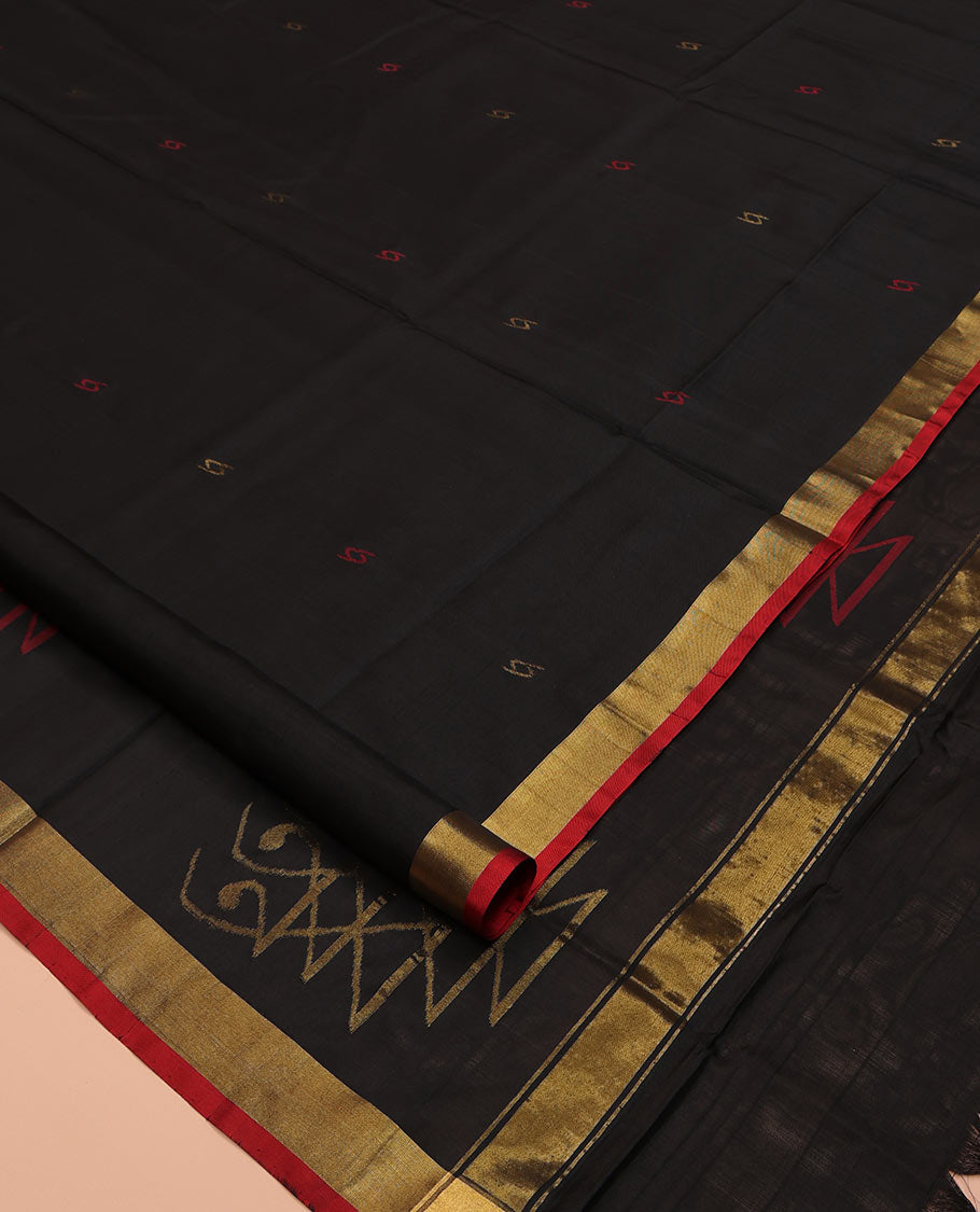 Black Uppada Silk Saree, Adorned with Buttas All Over Its Body, Complemented by a Contrast Bavanji Border, Pallu of Unique Designs, and Paired with a Matching Blouse
