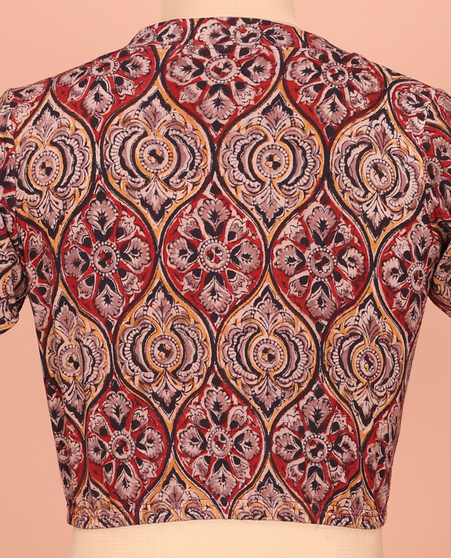 Multi-Color Cotton Readymade Blouse Beautified with All-Over Ogee Patterns Print, Front V-Neck, Back Closed Neck, and Elbow Sleeves