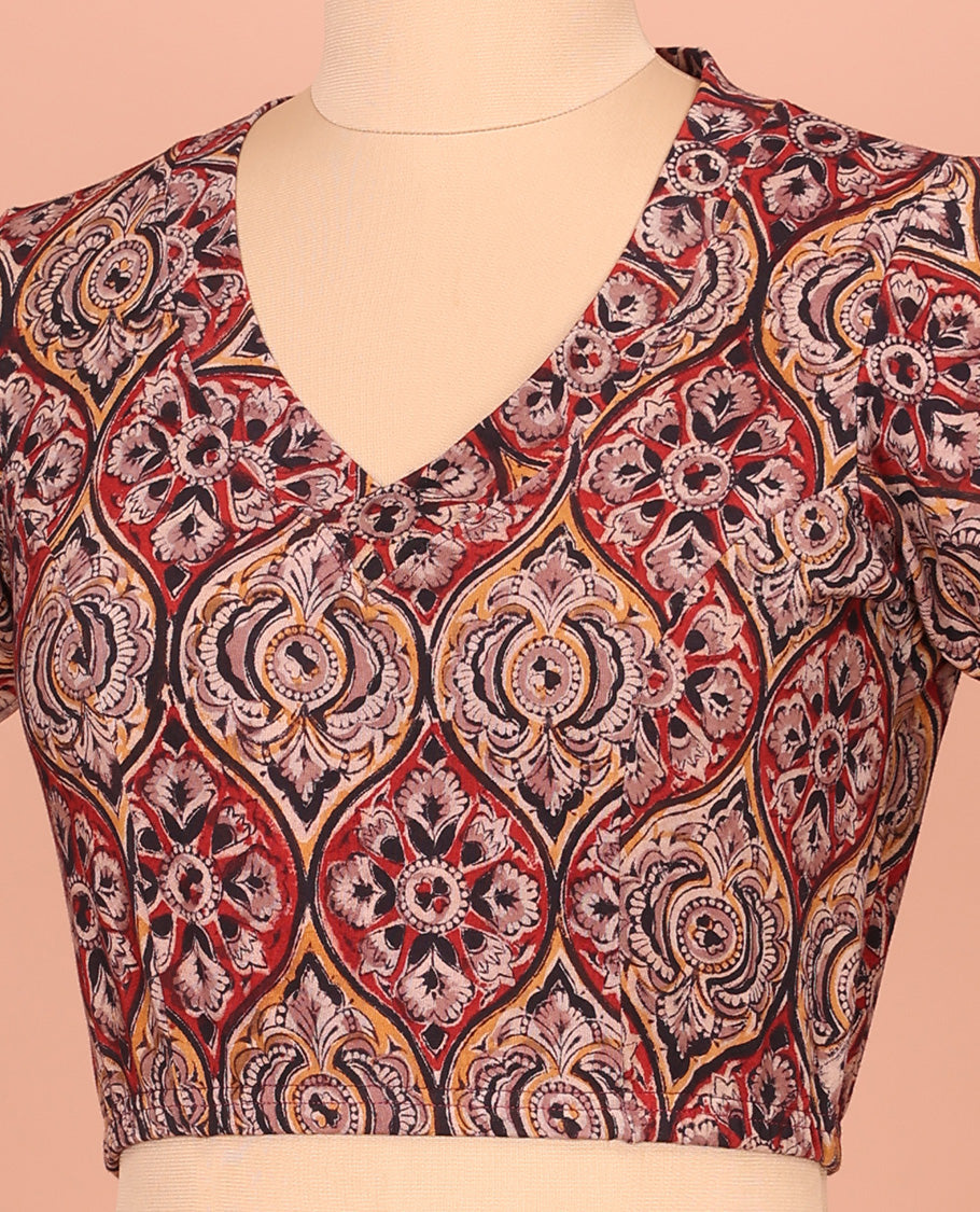 Multi-Color Cotton Readymade Blouse Beautified with All-Over Ogee Patterns Print, Front V-Neck, Back Closed Neck, and Elbow Sleeves
