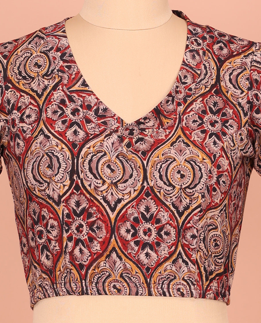 Multi-Color Cotton Readymade Blouse Beautified with All-Over Ogee Patterns Print, Front V-Neck, Back Closed Neck, and Elbow Sleeves