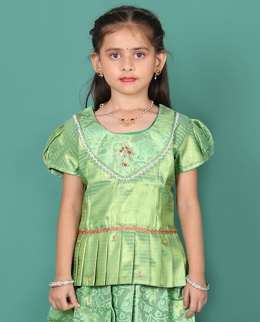 Green readymade art silk pavadai set, floral jaal jacquard with traditional zari border skirt, jacquard embroidered puff-sleeve blouse