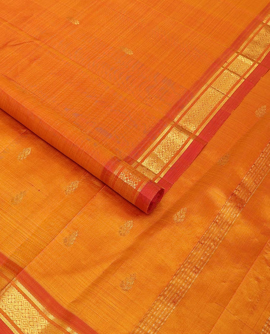 Orange buttas kancheepuram silk saree with contrast border of banaras, checked design & zari design pallu