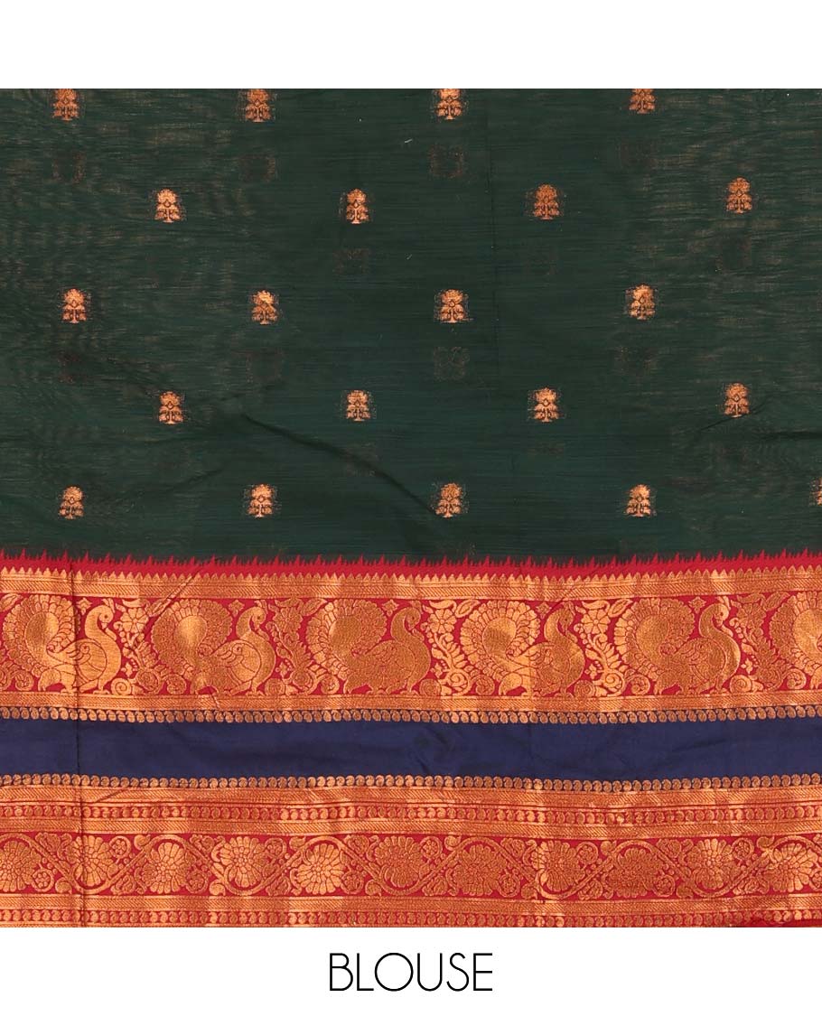 Green lehenga set, zari buttas with contrast traditional design rettai pettu border skirt, matching blouse, and contrast zari woven dupatta