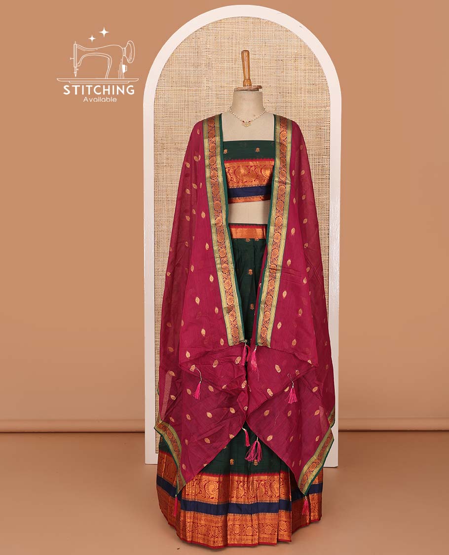 Green lehenga set, zari buttas with contrast traditional design rettai pettu border skirt, matching blouse, and contrast zari woven dupatta