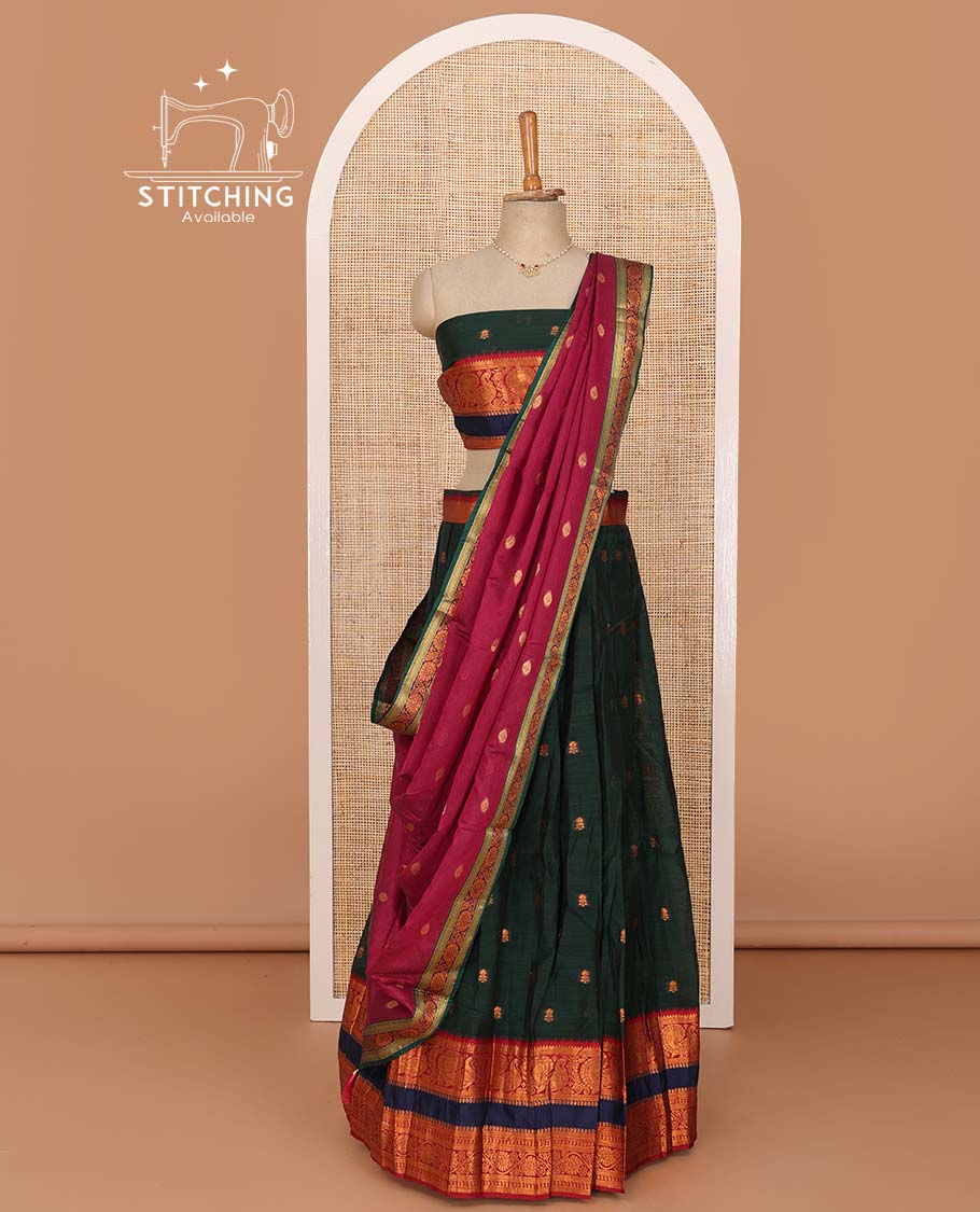 Green lehenga set, zari buttas with contrast traditional design rettai pettu border skirt, matching blouse, and contrast zari woven dupatta