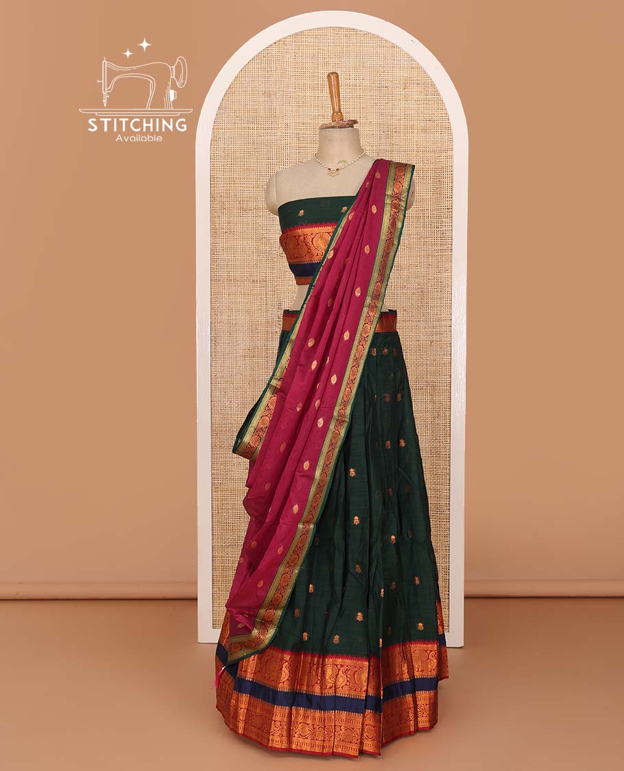 Green lehenga set, zari buttas with contrast traditional design rettai pettu border skirt, matching blouse, and contrast zari woven dupatta