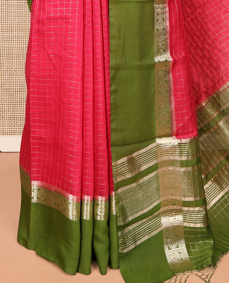 Pink Zari Checked Assam Silk Saree, Complemented by a Contrast Traditional Zari-Woven Border, Zari-Striped Pallu, and a Contrast Blouse