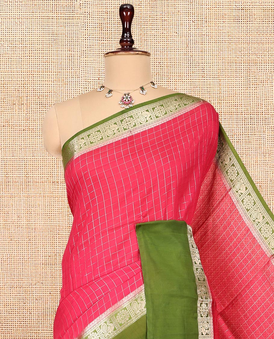 Pink Zari Checked Assam Silk Saree, Complemented by a Contrast Traditional Zari-Woven Border, Zari-Striped Pallu, and a Contrast Blouse