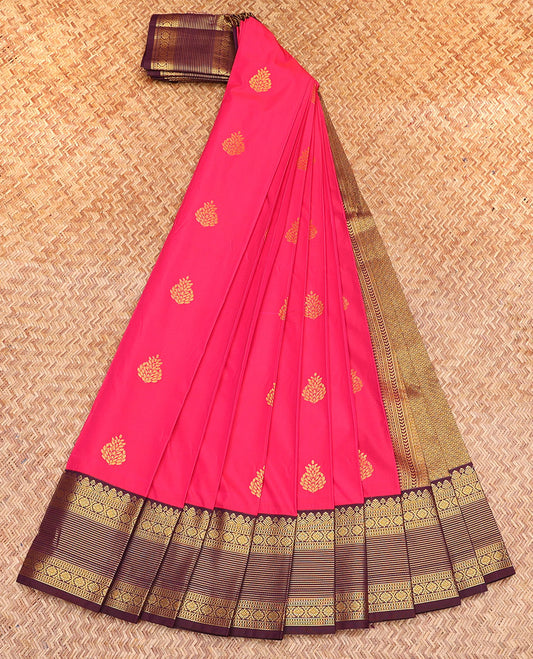 Pink Budget Silk Saree, Elevated with Zari Buttas, Contrast Traditional Zari Design Border, Grand Pallu, and a Contrast Blouse