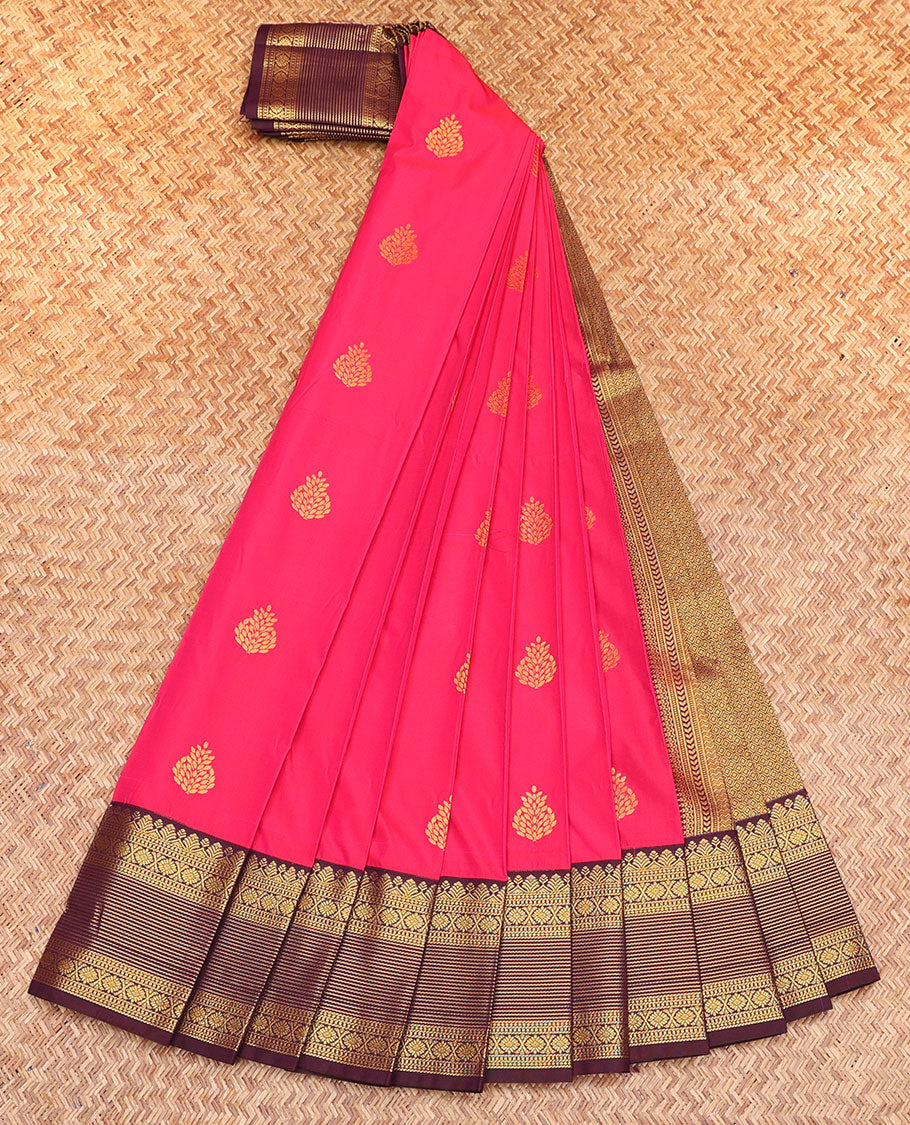 Pink Budget Silk Saree, Elevated with Zari Buttas, Contrast Traditional Zari Design Border, Grand Pallu, and a Contrast Blouse