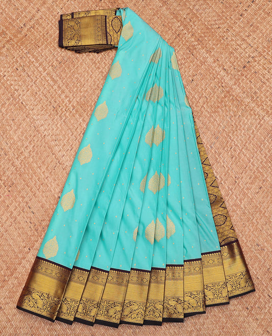 Turquoise Budget Silk Saree, Elevated with Zari Buttas, Complemented by a Contrast Traditional Border, Grand Pallu, and a Contrast Blouse