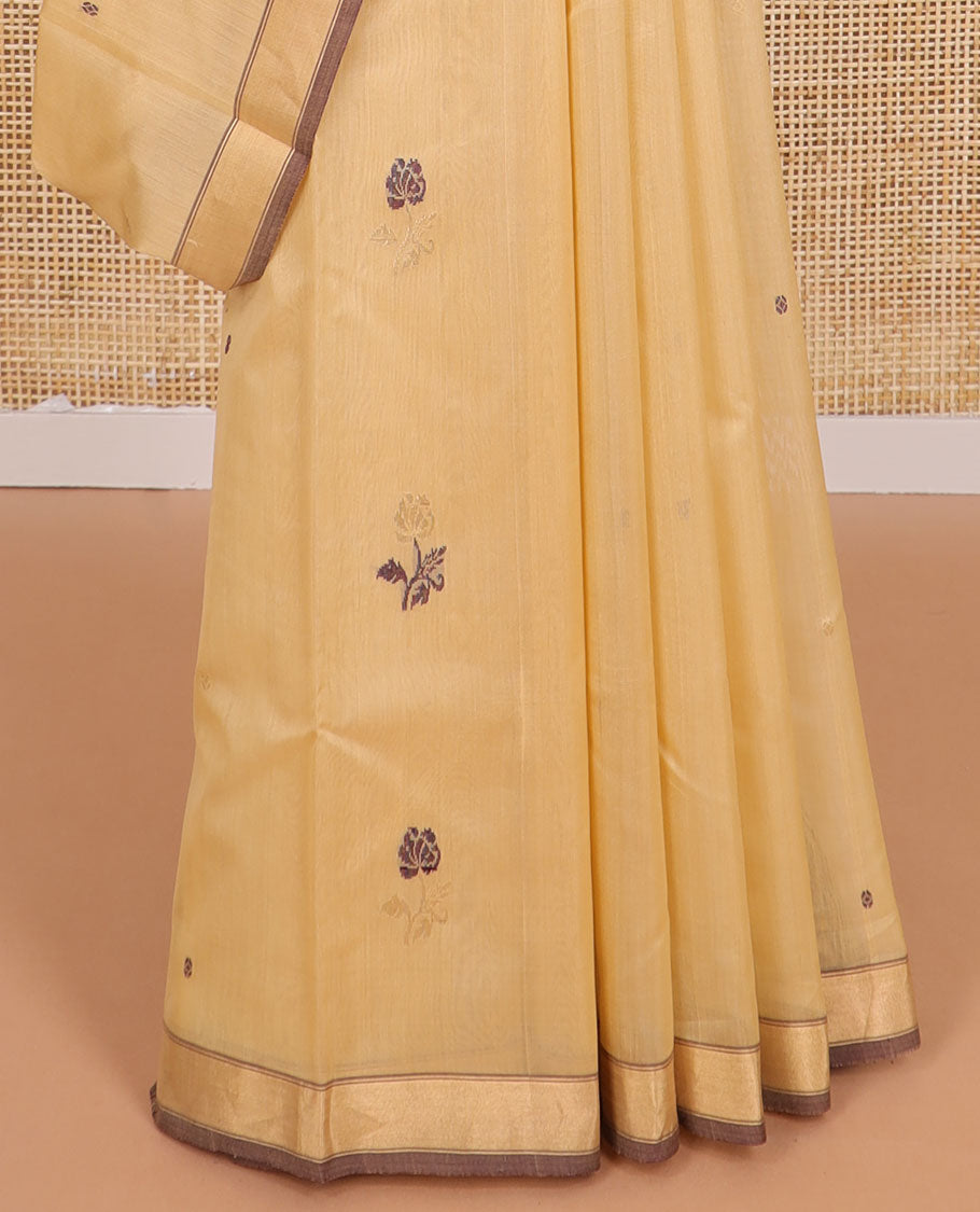 Sandal floral design chanderi cotton saree with self zari border & striped, floral design pallu