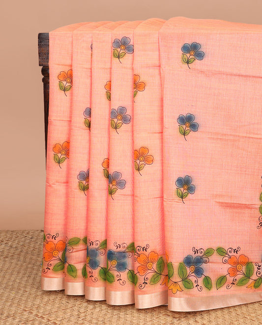 Orange floral buttas printed chirala cotton saree, bavanji border, and contrast floral print pallu