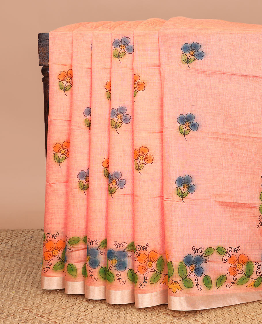 Orange floral buttas printed chirala cotton saree, bavanji border, and contrast floral print pallu