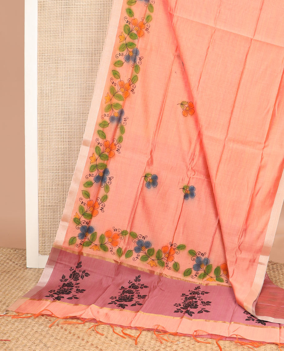 Orange floral buttas printed chirala cotton saree, bavanji border, and contrast floral print pallu