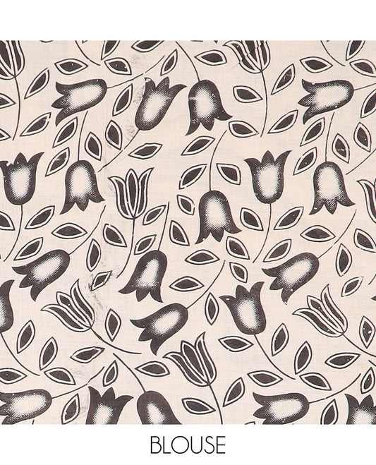 Deep green floral vine machine-printed kalamkari cotton saree, floral and chevron printed border, and pallu of kalamkari peacock