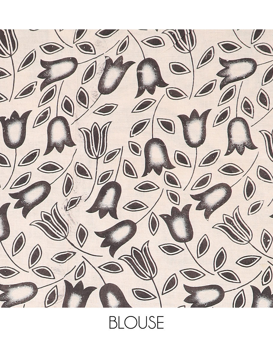 Deep green floral vine machine-printed kalamkari cotton saree, floral and chevron printed border, and pallu of kalamkari peacock