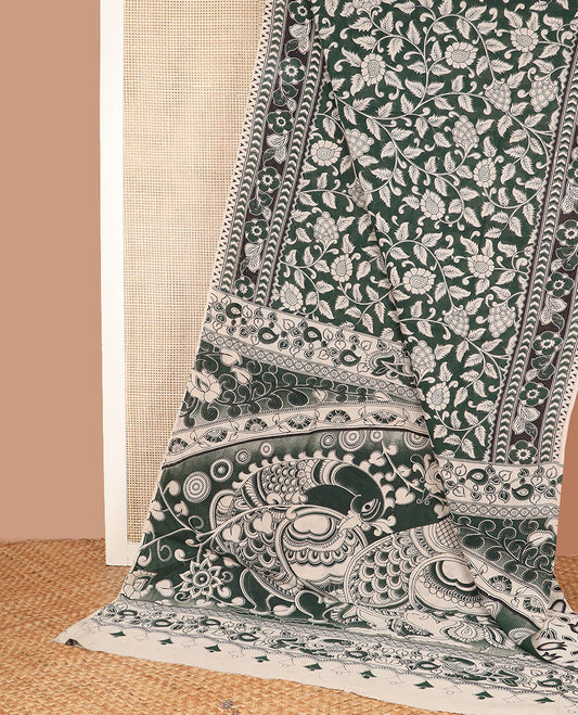 Deep green floral vine machine-printed kalamkari cotton saree, floral and chevron printed border, and pallu of kalamkari peacock