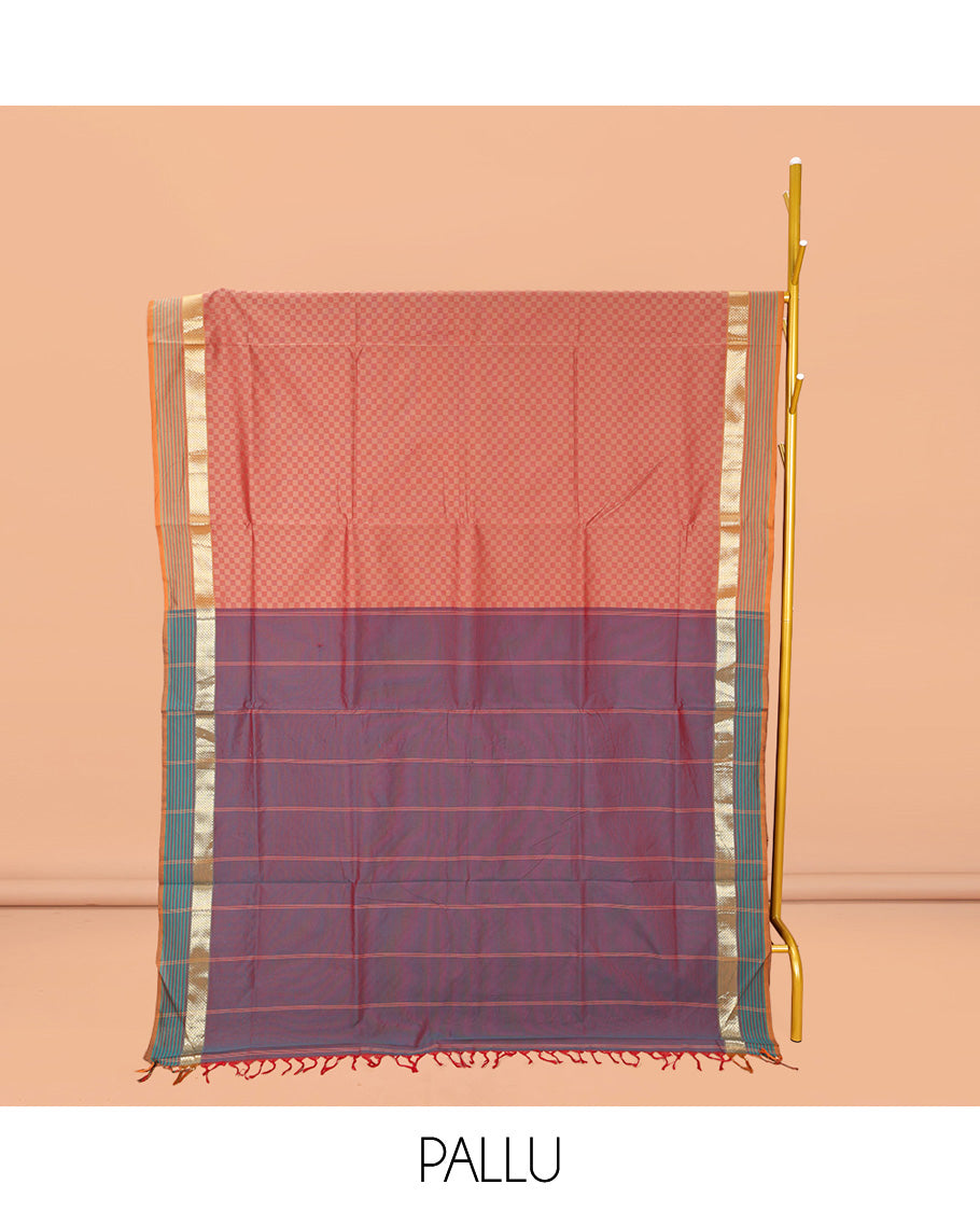 Pale Peach Checked Poly Cotton Saree, Complemented by a Contrast Zari Border, Contrast Striped Pallu, and Paired with a Contrast Blouse