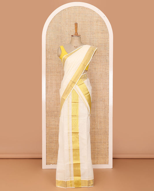 Cream plain design Kerala mundu set with zari bavanji border