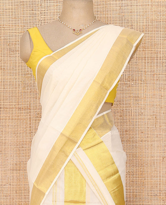 Cream plain design Kerala mundu set with zari bavanji border