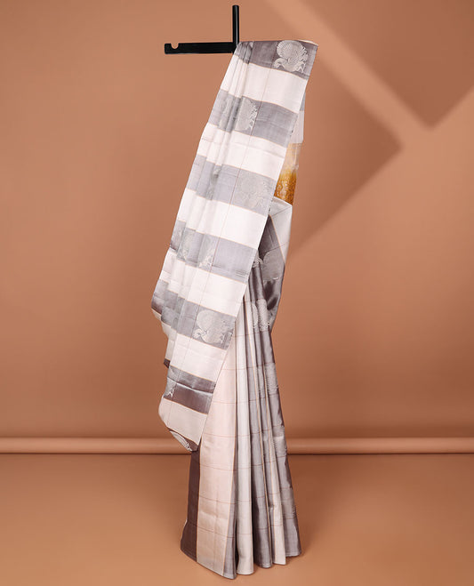 Borderless multi-color checked,peacock buttas soft silk saree with floral vine zari design pallu