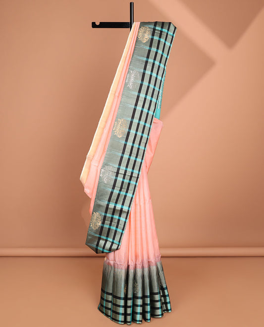 Pink floral buttas soft silk saree with contrast checked border & floral zari design