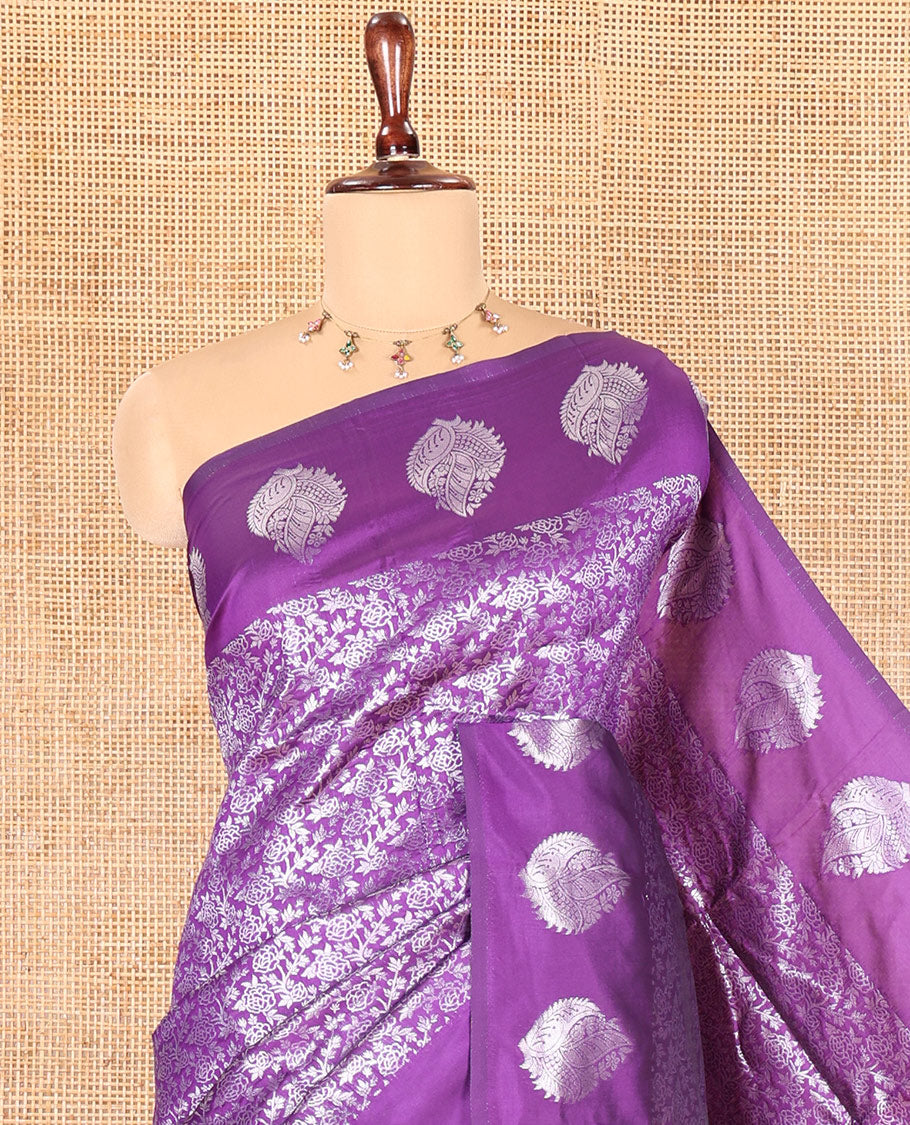 Violet Art Kanchi Silk Saree Features Jacquard Design, a Zari-Motif Border, Contrast Intricate Pallu, and a Contrast Blouse