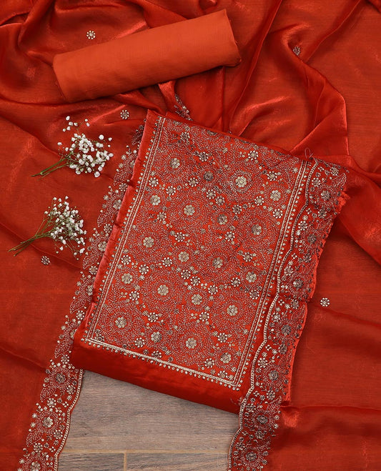 Cherry red purple organza material chudidar set, neck embroidered top, plain bottom and floral embroidered scallop border dupatta