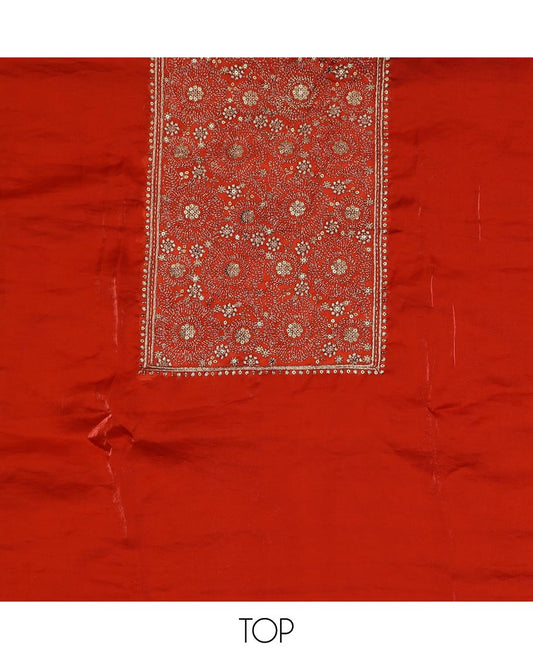 Cherry red purple organza material chudidar set, neck embroidered top, plain bottom and floral embroidered scallop border dupatta