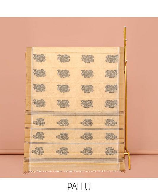 Yellow Kanchi Cotton Saree, Detailed with Buttas on Its Body, Complemented by a Contrast Border, a Pallu of Buttas and Stripes, and Paired with a Matching Blouse