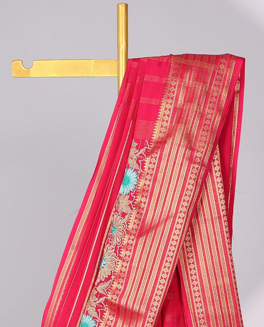 Red striped zari with floral embroidery mysore silk saree , contrast zari border & striped zari pallu