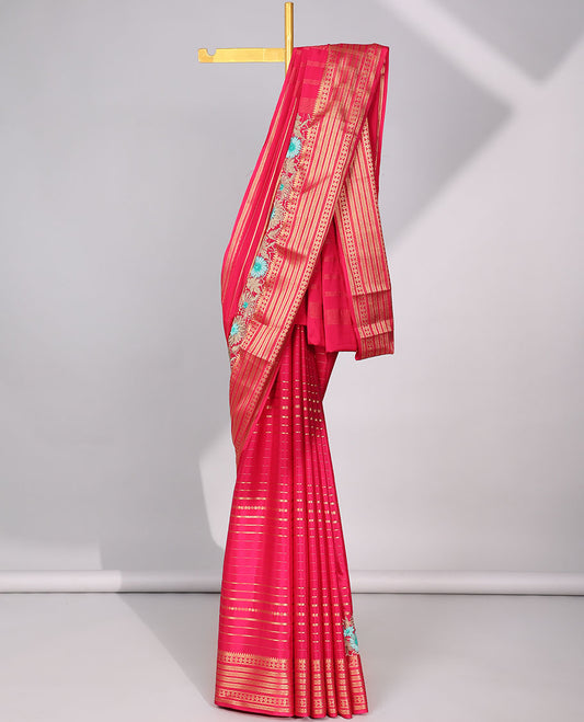 Red striped zari with floral embroidery mysore silk saree , contrast zari border & striped zari pallu