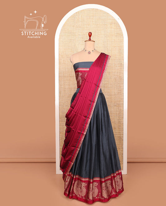 Grey plain cotton half-saree with contrast big peacock motif bordered skirt, matching blouse, and a contrast temple bordered dhavani