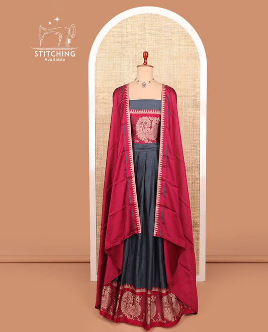 Grey plain cotton half-saree with contrast big peacock motif bordered skirt, matching blouse, and a contrast temple bordered dhavani