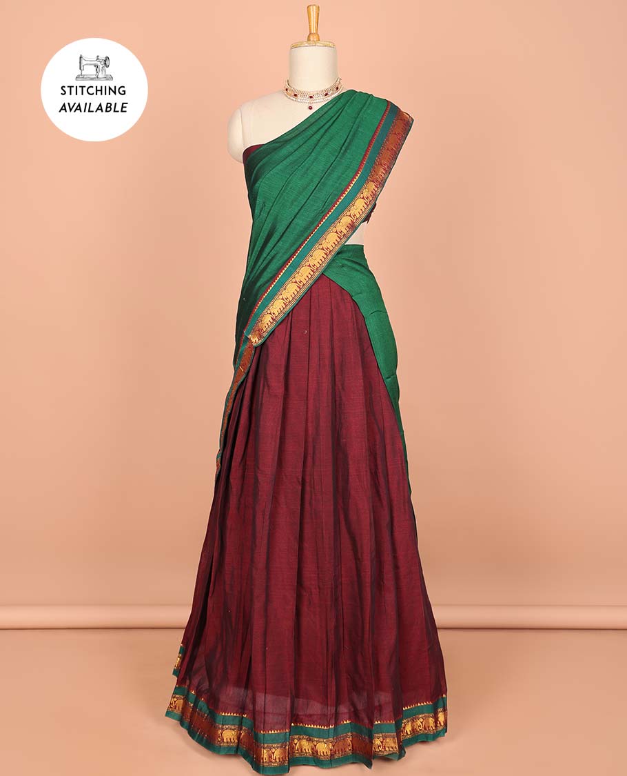 Blue cotton half saree with contrast zari border, plain blouse & plain with zari border dhavani