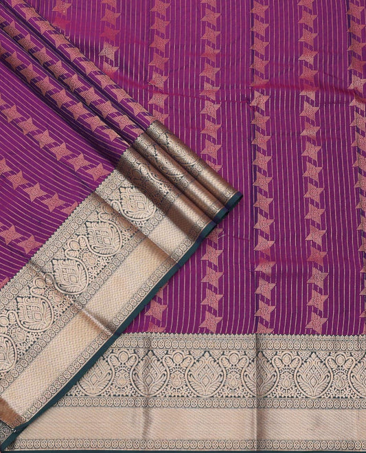 Purple Art Silk Pavadai Material Set Detailed with Zari Design on Its Skirt, Complemented by a Contrast Traditional Zari Design Border, and Paired with a Contrast Blouse