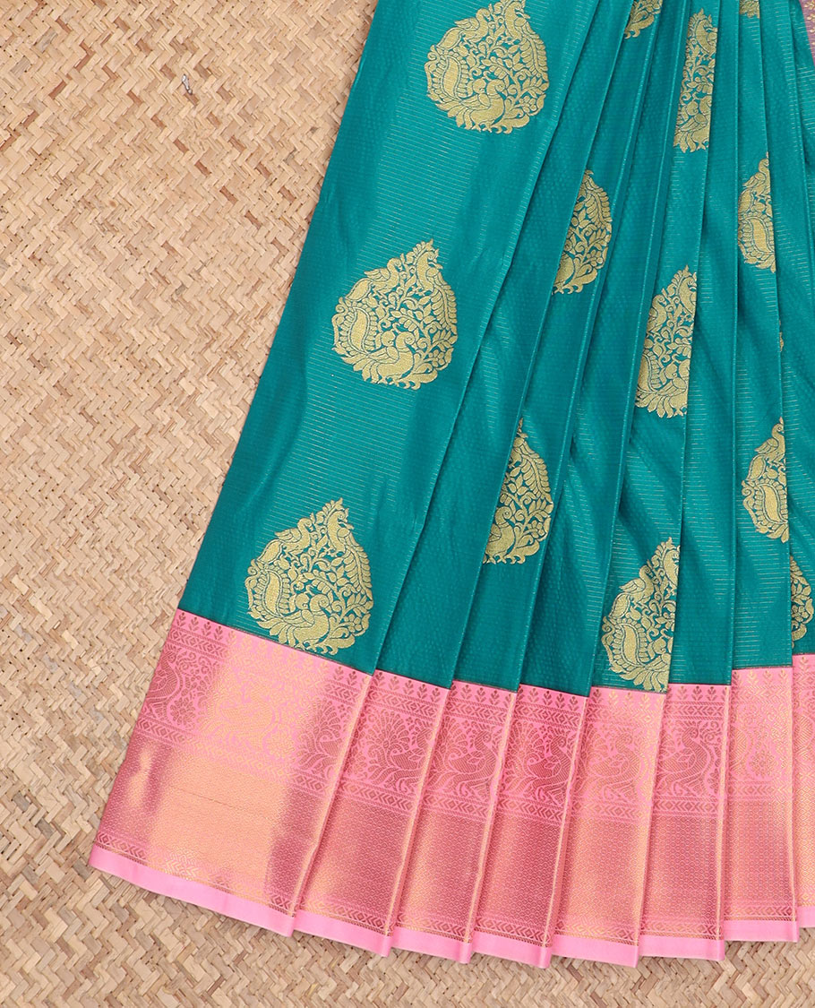 Blue peacock zari buttas budget silk saree, contrast traditional zari border, and jaal pallu