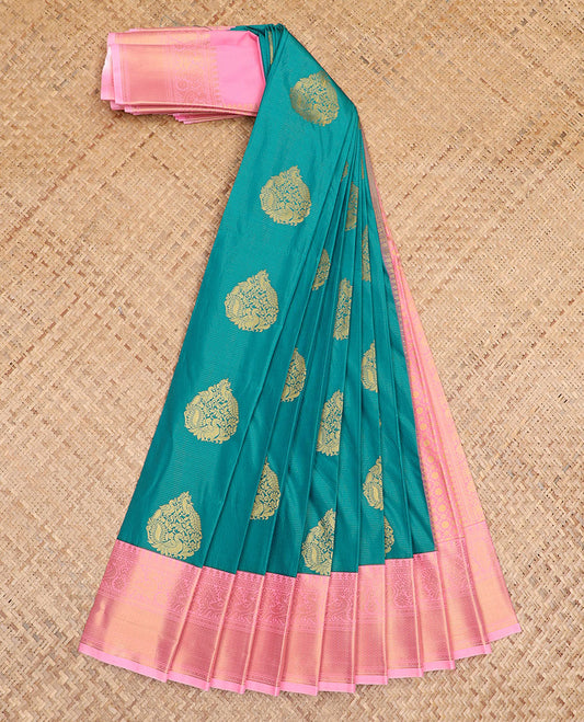 Blue peacock zari buttas budget silk saree, contrast traditional zari border, and jaal pallu