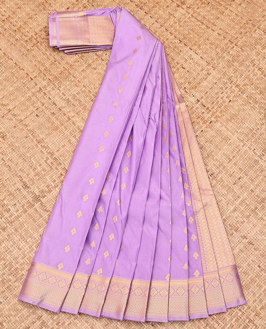 Lavender Budget Silk Saree, Prettified with Zari Buttas All Over Its Body, Highlighted by a Traditional Zari Design Border, Grand Jaal Pallu, and Paired with a Contrast Blouse