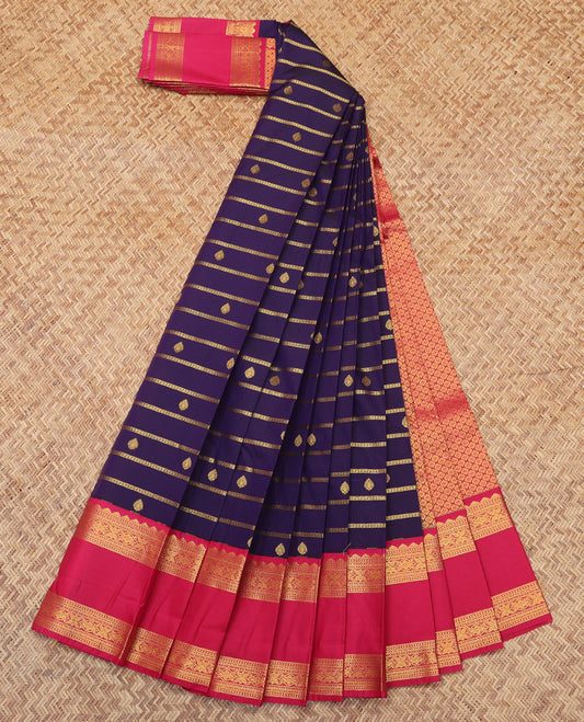 Blue Budget Silk Saree, Embellished with Buttas and Stripes, Complemented by a Contrast Traditional Rettai Pettu Border, Jaal Pallu, and a Contrast Blouse