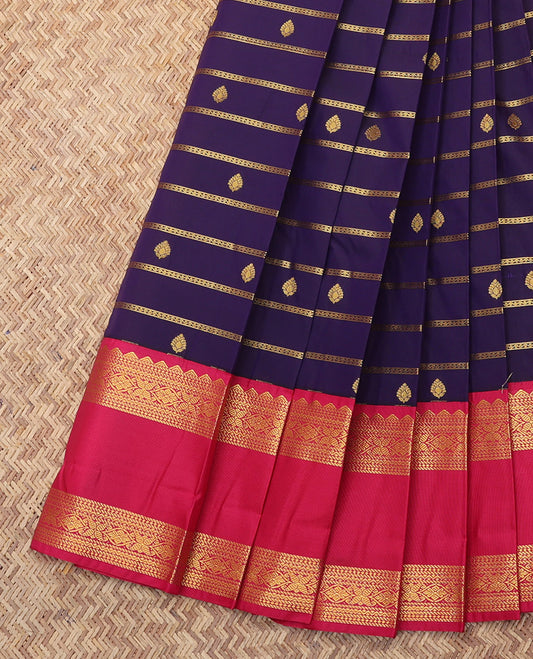 Blue Budget Silk Saree, Embellished with Buttas and Stripes, Complemented by a Contrast Traditional Rettai Pettu Border, Jaal Pallu, and a Contrast Blouse