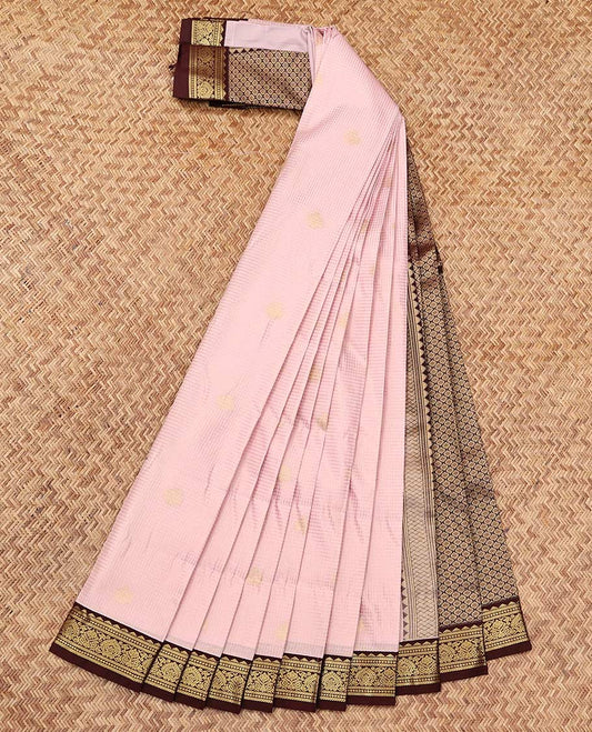 Baby Pink Budget Silk Saree, Subtly Sparkled with Zari Buttas and Checks, Complemented by a Contrast Traditional Zari Border, Grand Pallu, and a Contrast Blouse