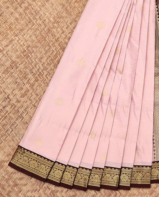 Baby Pink Budget Silk Saree, Subtly Sparkled with Zari Buttas and Checks, Complemented by a Contrast Traditional Zari Border, Grand Pallu, and a Contrast Blouse