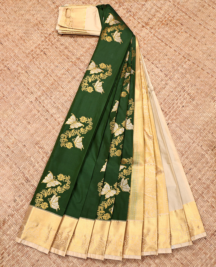 Green Budget Silk Saree, Gracefully Embellished with Butterfly Buttas, Complemented by a Contrast Traditional Zari Border, Grand Pallu, and a Contrast Blouse