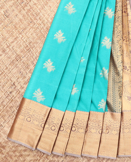Turquoise Budget Silk Saree, Featuring Zari Buttas, Complemented by a Contrast Traditional Zari Border, Intricate Pallu, and a Contrast Blouse
