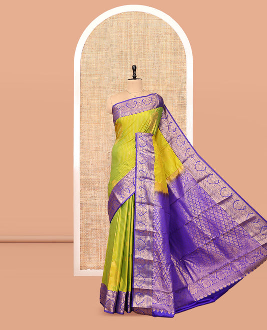 Green Budget Silk Saree, Detailed with Zari Buttas and Stripes, Complemented by Contrast Traditional Zari Border, Pallu of Jaal Designs, and Contrast Blouse